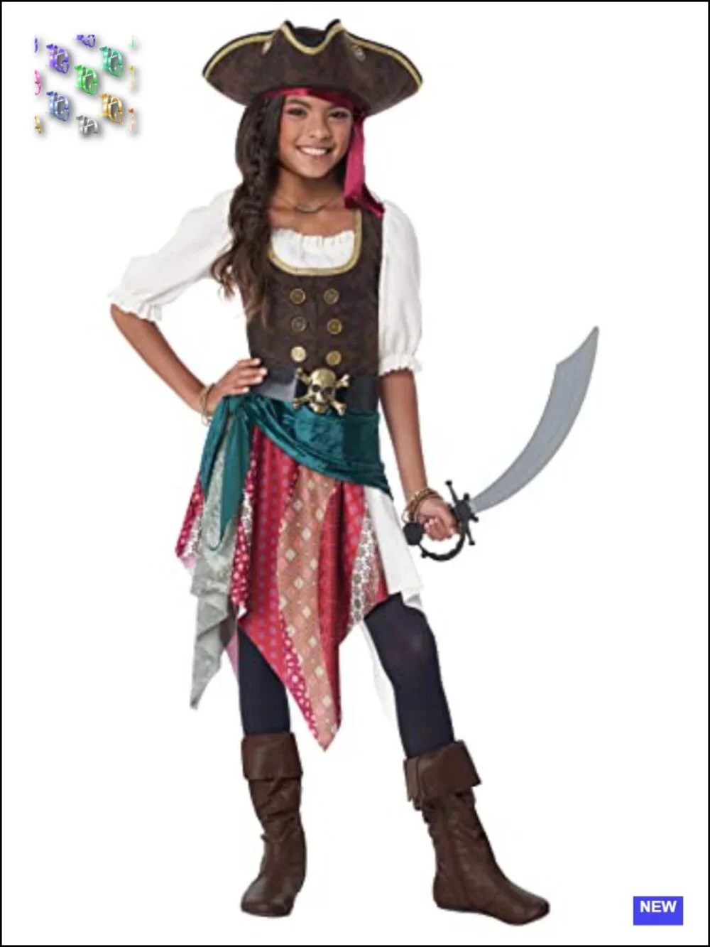Boho Pirate Costume for Girls Size Large 10-12 with Dress Hat Belt